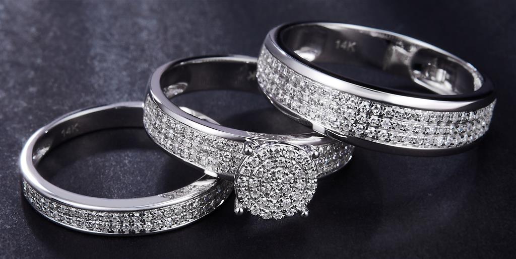 0.948 Ct. Diamond 14 Kt Gold (White). Trio Set (Mens Band Size 10, Women Engag & Band) Wedding Set. Size 7.5