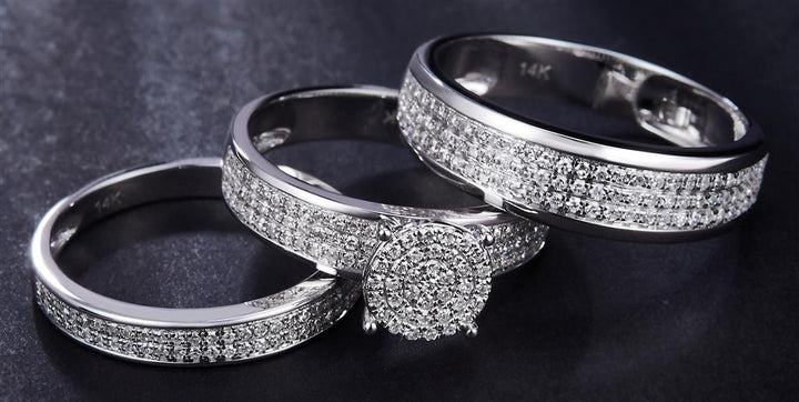 0.948 Ct. Diamond 14 Kt Gold (White). Trio Set (Mens Band Size 10, Women Engag & Band) Wedding Set. Size 7.5