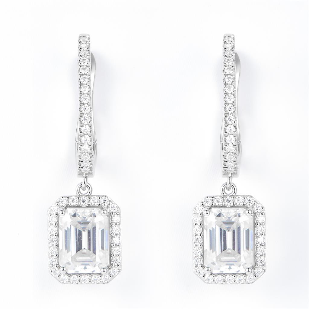 3.67 Ct. Moissanite Sterling Silver (White). Dangle with Emerald Cut approx 1/2 Ct Center Stone Each with Hinged Snap Fastening Earrings. (Women).