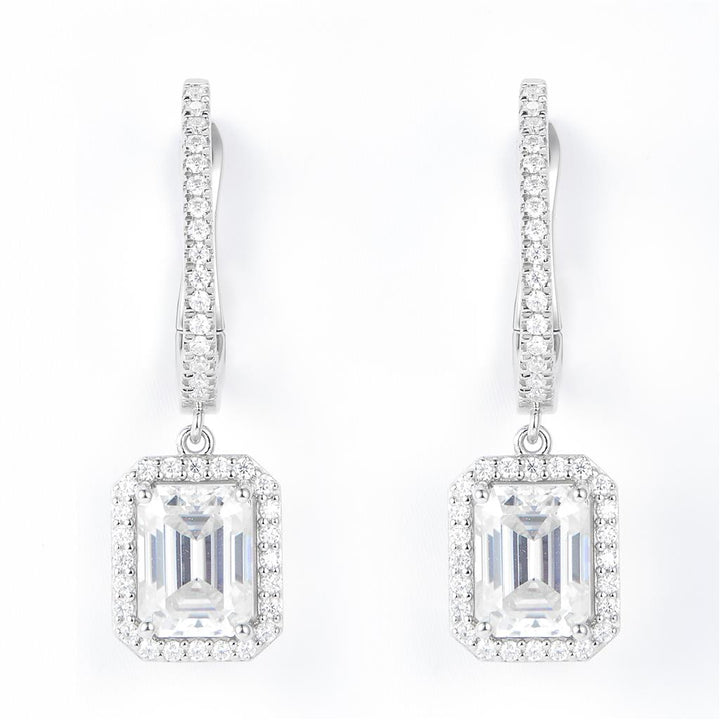 3.67 Ct. Moissanite Sterling Silver (White). Dangle with Emerald Cut approx 1/2 Ct Center Stone Each with Hinged Snap Fastening Earrings. (Women).