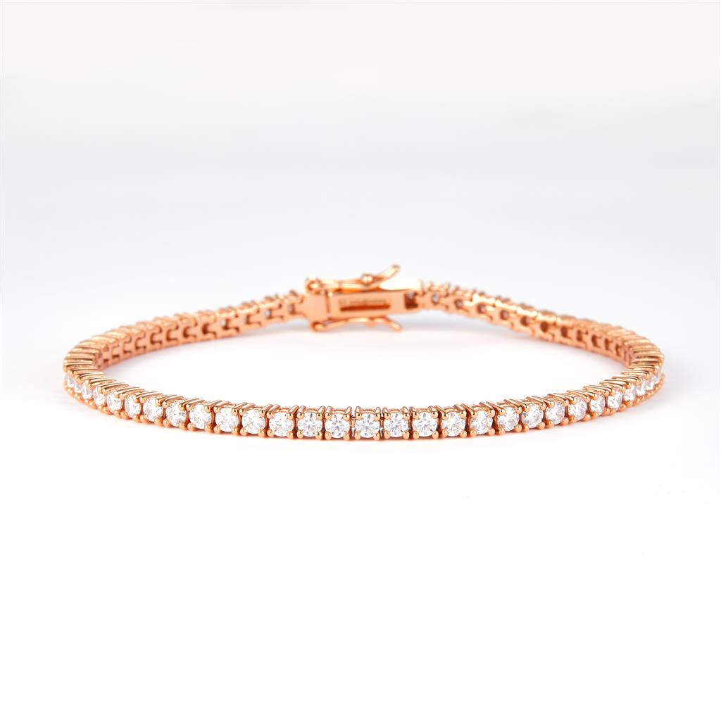 3.06 Ct. Moissanite. Sterling Silver (Rosé). Rose Gold Plated Tennis Bracelet. (Women). 7 in Long. 3 mm Wide