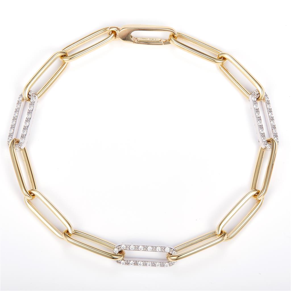 0.76 Ct. Moissanite 14 Kt Gold (Yellow). Paper Clip Link Bracelet. (Women). 7 in Long. 7 mm Wide