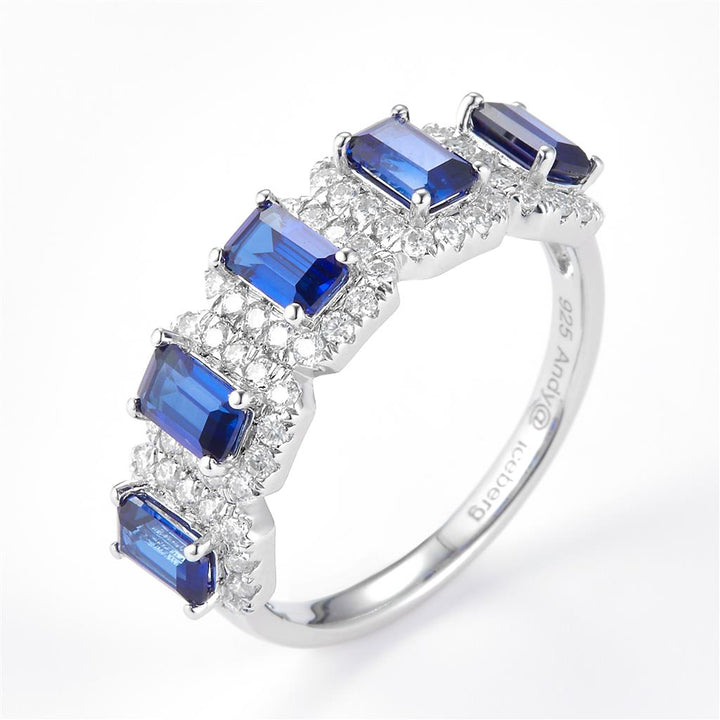 2.27 Ct. Moissanite Sterling Silver (White). Wedding Band with Emerald Cut Simulant Blue Sapphire Stones Ring. (Women). Size 7.5