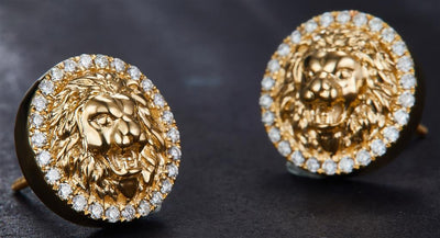 0.4 Carats. Diamonds 10 Kt Gold (Yellow). CUSTOM LION HEAD Earrings. (Unisex).