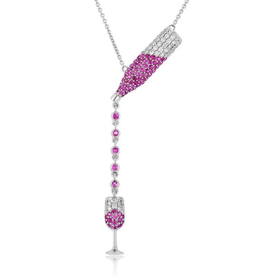 1.13 Ct. Moissanite Sterling Silver (White). Champaigne/Wine Bottle & Glass Moissanite, Simulant Pink Sapphire & Sterling Silver Necklace with Chain. Adjustable Length 15.5 to 17.5 in Pendant. (Women).