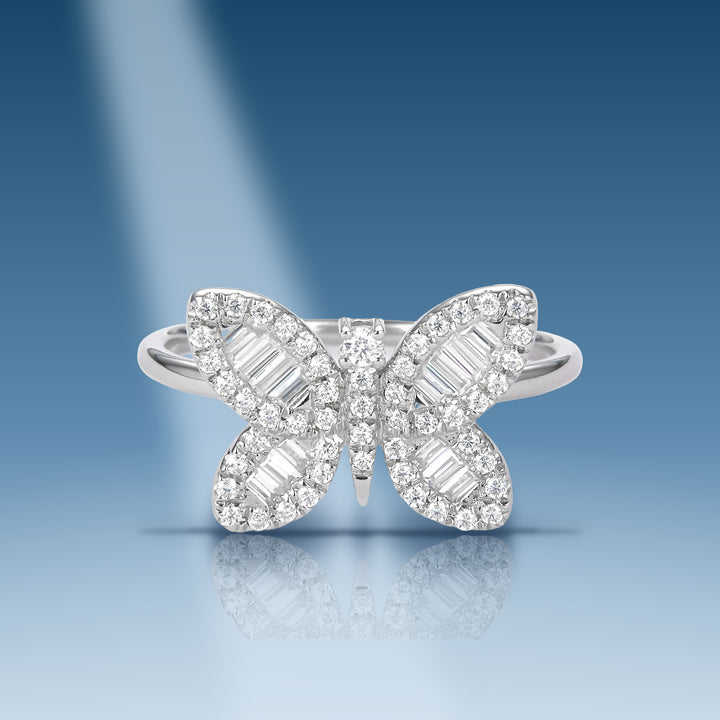 0.501 ct Moissanite 14 Kt White Gold butterfly ring with baguettes