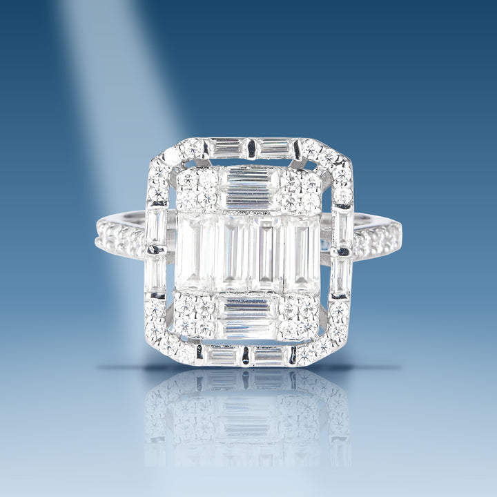 2.239 Carats. Moissanite Silver. with Baguettes Ring. (Women